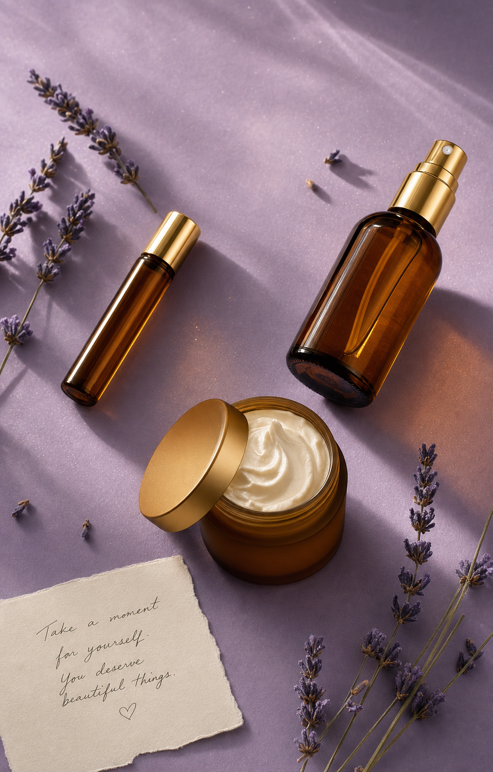 The Caregiver's Ritual Kit. Roller, balm, mist, and a handwritten card